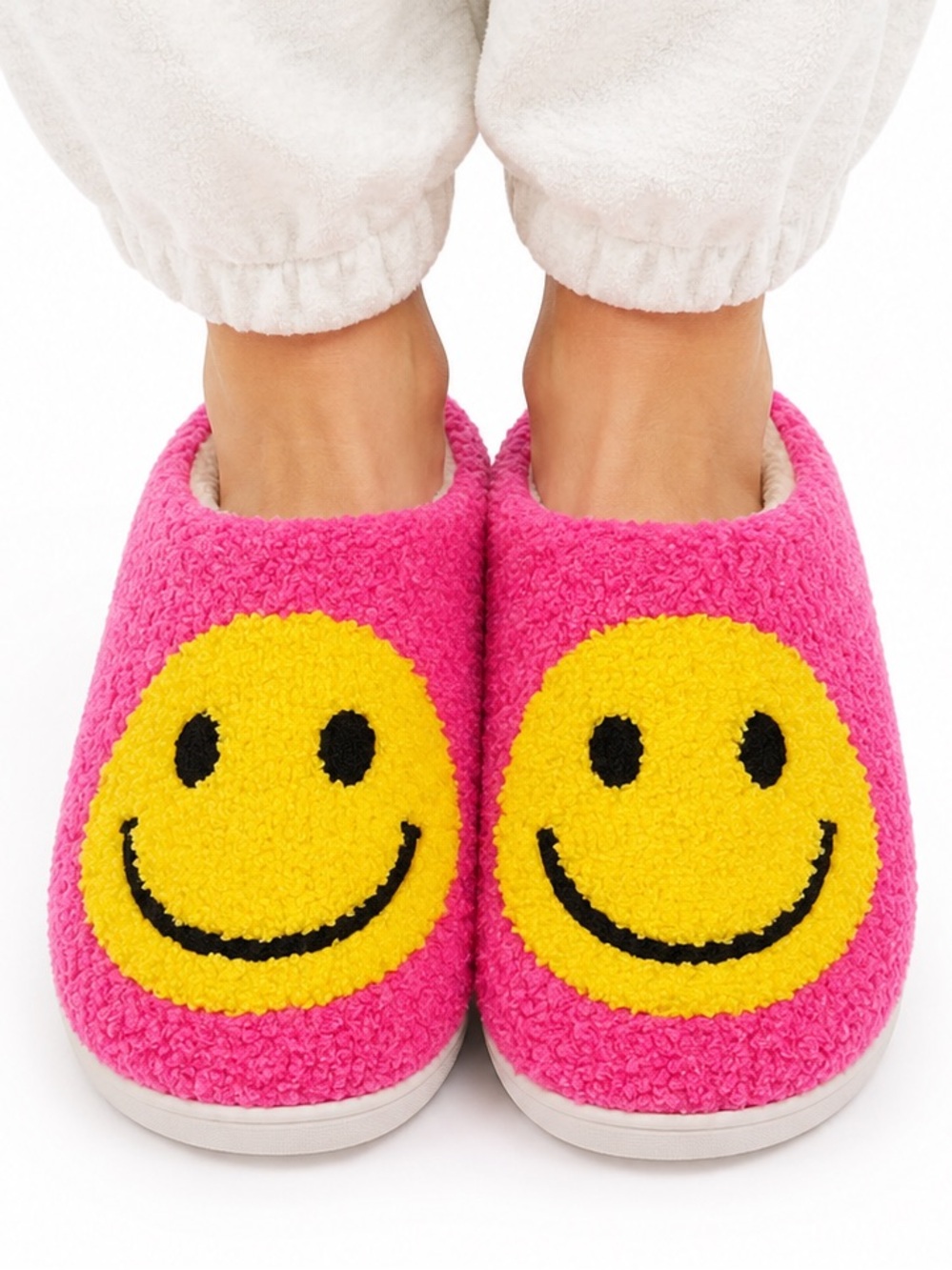 NEW Hot Pink Smiley Face Fuzzy Slippers Women’s S 5-6 Y2K Happy Face Lougewear